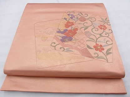 平和屋着物◎太鼓柄袋帯 総刺繍 色紙花唐草文 金糸 逸品 BAAF7841ph