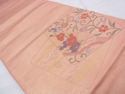 平和屋着物◎太鼓柄袋帯 総刺繍 色紙花唐草文 金糸 逸品 BAAF7841ph