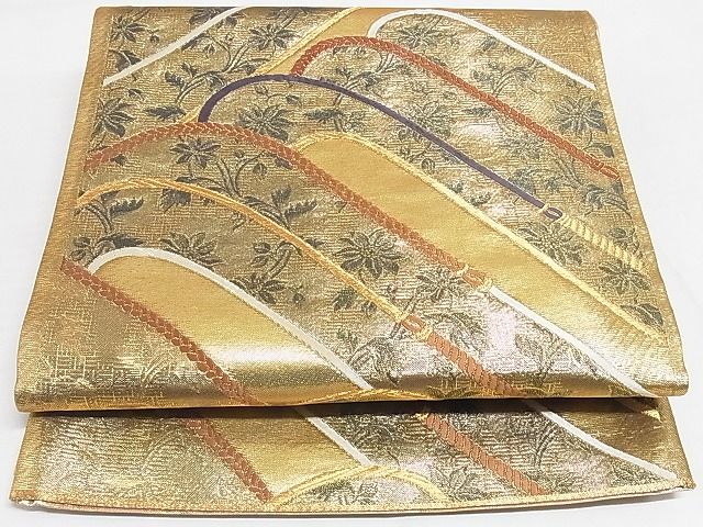 平和屋着物◎佐賀錦　両面六通柄袋帯　変わり縞　金糸　正絹　逸品　AAAH2903Abw