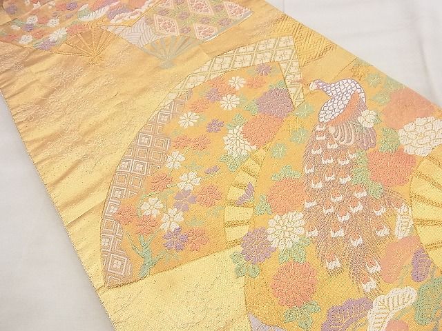 平和屋着物◎佐賀錦 六通柄袋帯 瑞寶 扇面孔雀花文 九百錦 金糸 逸品 BAAF8738qt