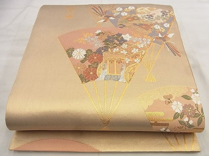 平和屋着物◎六通柄袋帯 唐織 扇面花鳥文 金糸 逸品 BAAF8765qt