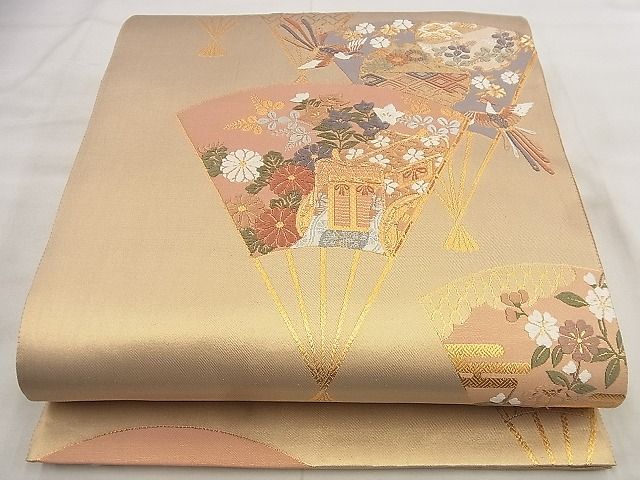 平和屋着物◎六通柄袋帯 唐織 扇面花鳥文 金糸 逸品 BAAF8765qt