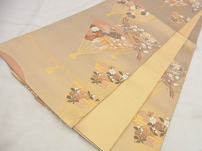 平和屋着物◎六通柄袋帯 唐織 扇面花鳥文 金糸 逸品 BAAF8765qt