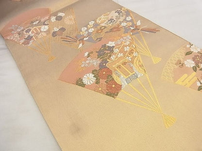 平和屋着物◎六通柄袋帯 唐織 扇面花鳥文 金糸 逸品 BAAF8765qt