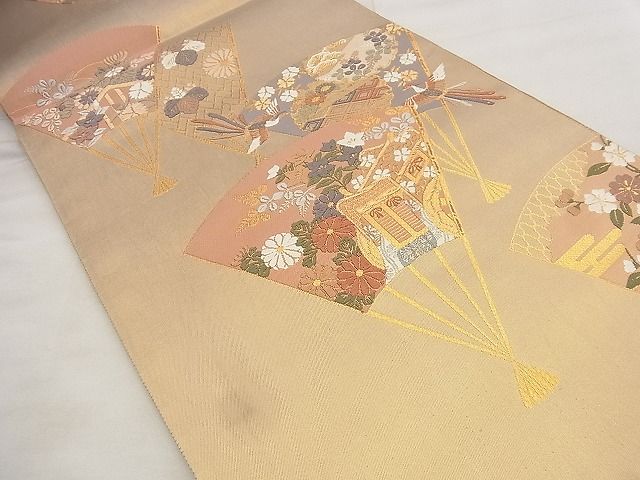 平和屋着物◎六通柄袋帯 唐織 扇面花鳥文 金糸 逸品 BAAF8765qt
