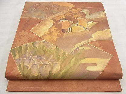 平和屋着物◎太鼓柄袋帯 地紙鴛鴦花文 金彩 逸品 BAAF8793qt