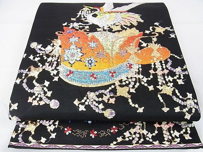 平和屋本店●極上　龍村平蔵製　本袋帯　千代の冠錦　黒地　金銀糸　逸品　DZAA1101kh4