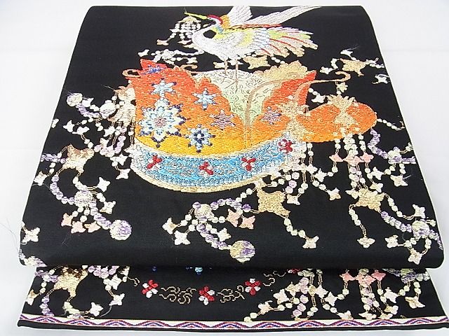 平和屋本店●極上　龍村平蔵製　本袋帯　千代の冠錦　黒地　金銀糸　逸品　DZAA1101kh4