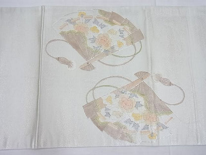 平和屋着物◎太鼓柄袋帯 駒刺繍 扇面花文 金糸 逸品 BAAF7604ea