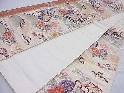 平和屋着物◎六通柄袋帯 唐織 御所車花文 金糸 逸品 BAAF4536ea
