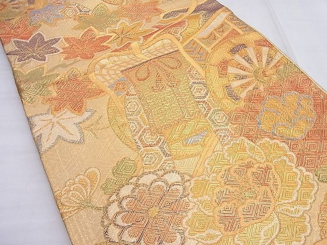平和屋着物◎佐賀錦 六通柄袋帯 御所車花文 金糸 逸品 BAAF7622ea