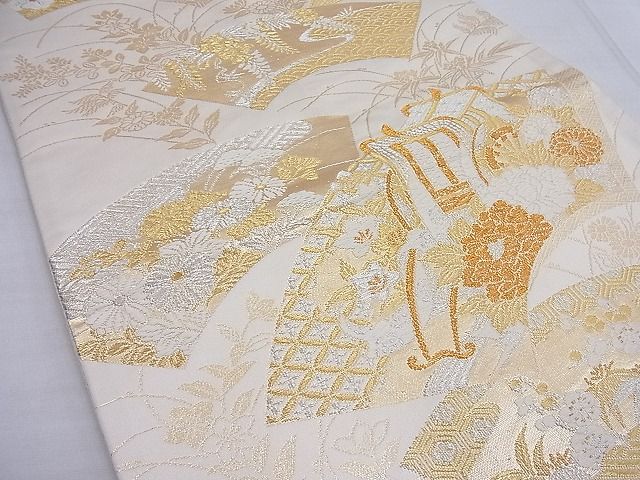 平和屋着物◎全通柄袋帯 地紙重ね花文 美保姿苑 金銀糸 逸品 BAAF7632ea
