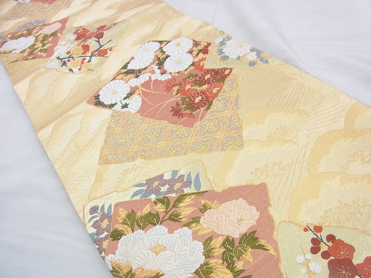 平和屋着物◎六通柄袋帯 唐織 色紙重ね花文 金糸 逸品 BAAF5305th