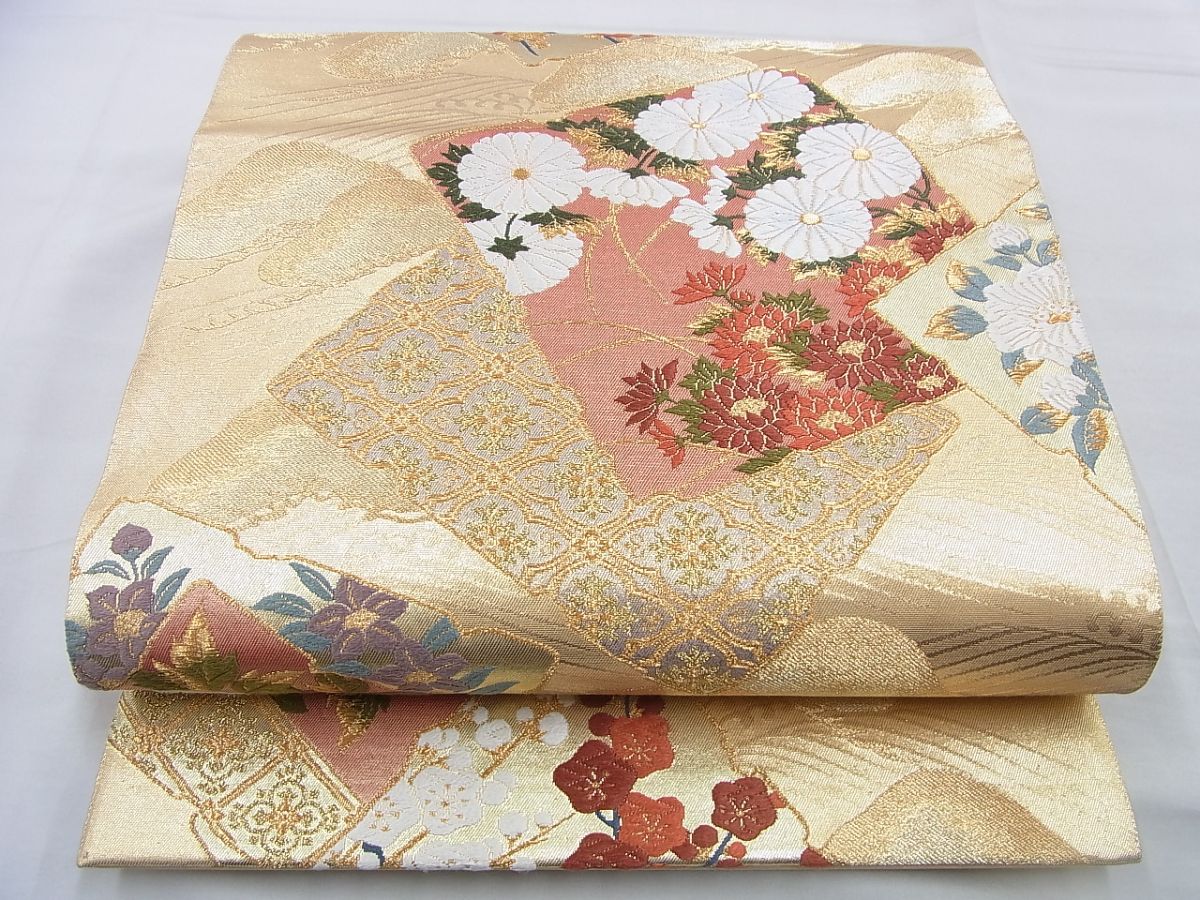 平和屋着物◎六通柄袋帯 唐織 色紙重ね花文 金糸 逸品 BAAF5305th