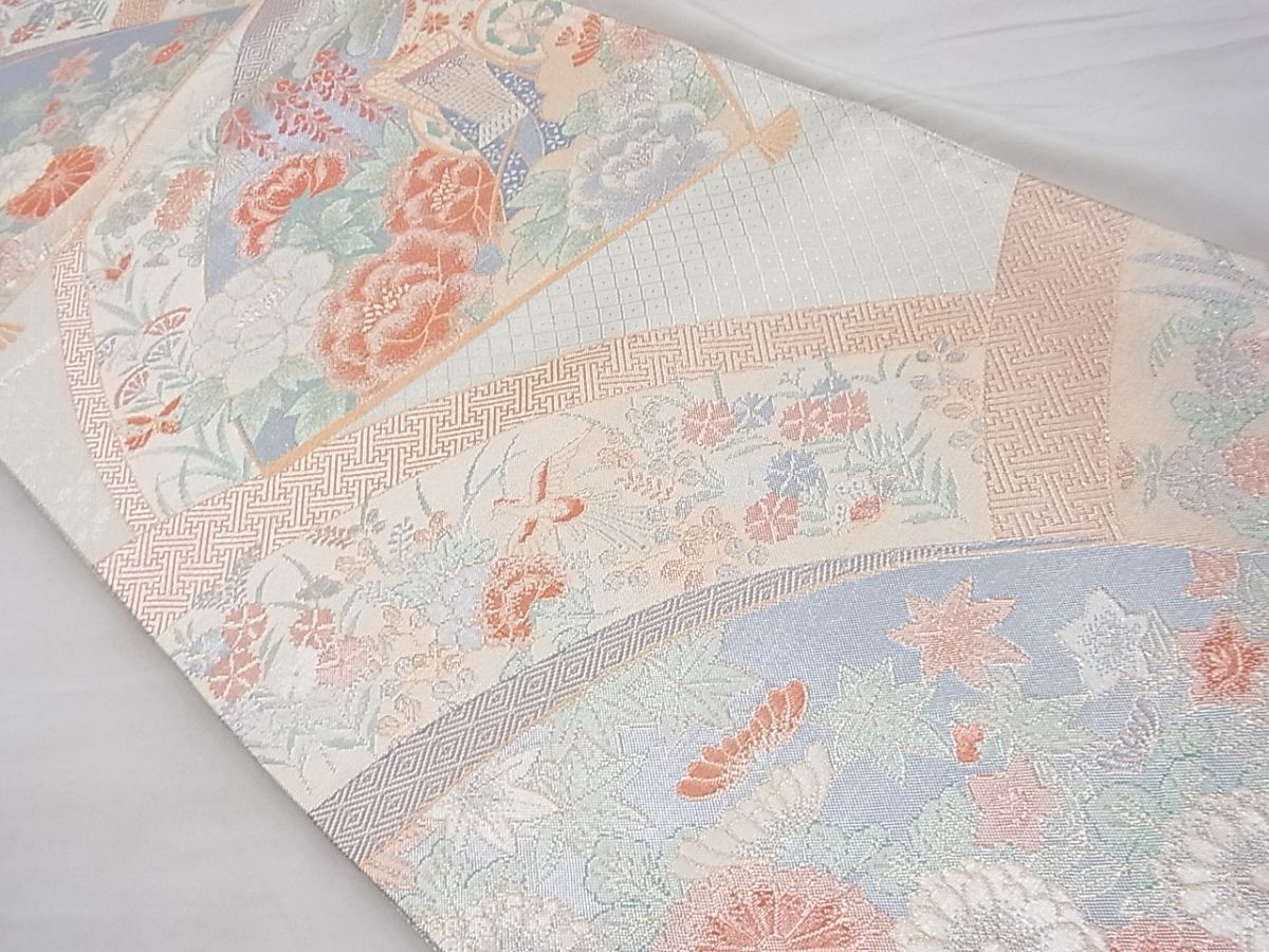 平和屋着物◎佐賀錦 六通柄袋帯 扇面御所車花文 金銀糸 逸品 BAAF5343th