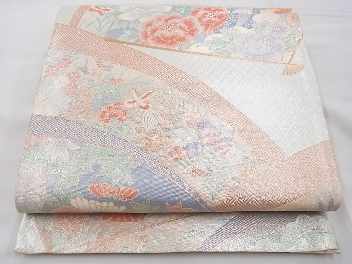 平和屋着物◎佐賀錦 六通柄袋帯 扇面御所車花文 金銀糸 逸品 BAAF5343th