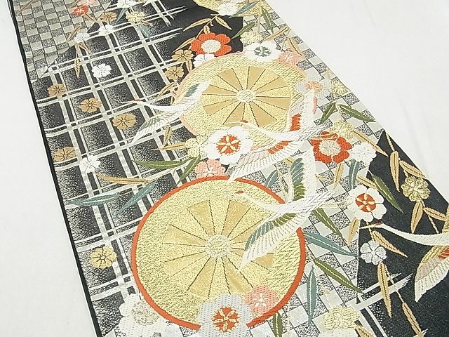 袋帯 羽ばたく鶴 花柄 織柄 素敵なデザイン 六通 正絹 T-6274 平和屋着物□六通柄袋帯 唐織 飛鶴源氏車花文 金