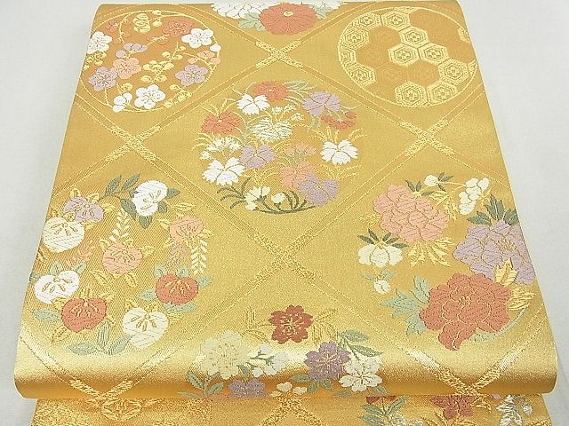 平和屋着物□六通柄袋帯 唐織 天井草花丸文 金糸 逸品 DAAF3018sf