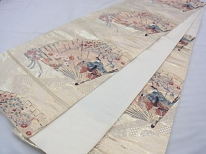 平和屋着物◎六通柄袋帯 唐織 彩絵桧扇文 金糸 逸品 BAAF4213xa