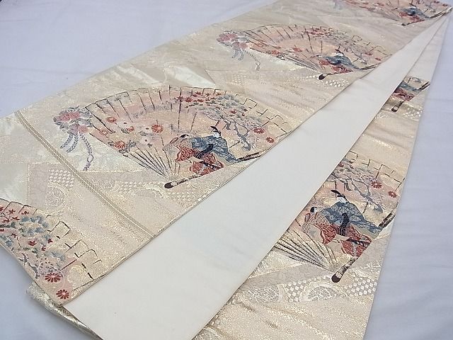平和屋着物◎六通柄袋帯 唐織 彩絵桧扇文 金糸 逸品 BAAF4213xa