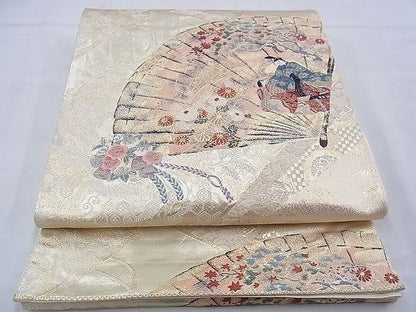 平和屋着物◎六通柄袋帯 唐織 彩絵桧扇文 金糸 逸品 BAAF4213xa