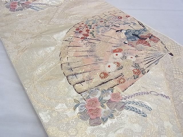 平和屋着物◎六通柄袋帯 唐織 彩絵桧扇文 金糸 逸品 BAAF4213xa