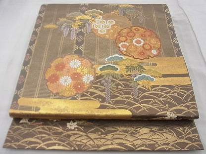 平和屋着物◎太鼓柄袋帯 唐織 雪輪エ霞草花文 金糸 逸品 BAAF7456wk