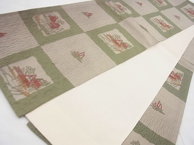 平和屋着物◎六通柄袋帯 ふくれ織 市松風景文 逸品 BAAF7458wk