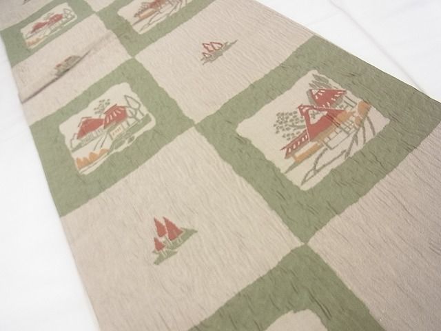 平和屋着物◎六通柄袋帯 ふくれ織 市松風景文 逸品 BAAF7458wk