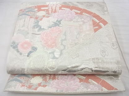 平和屋着物◎六通柄袋帯 唐織 孔雀檜扇花文 九百錦 プラチナ箔 逸品 BAAF7461wk