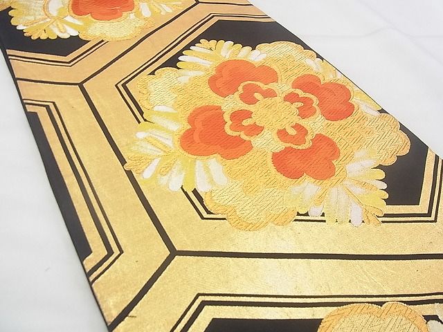 平和屋着物◎六通柄袋帯 唐織 花亀甲文 黒地 金銀糸 逸品 BAAF4295xa