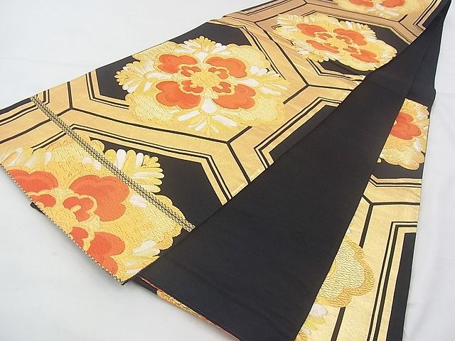 平和屋着物◎六通柄袋帯 唐織 花亀甲文 黒地 金銀糸 逸品 BAAF4295xa
