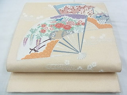 平和屋着物◎太鼓柄袋帯 唐織 綴れ 扇面花車文 金銀糸 逸品 BAAF7500wk
