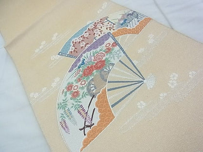 平和屋着物◎太鼓柄袋帯 唐織 綴れ 扇面花車文 金銀糸 逸品 BAAF7500wk