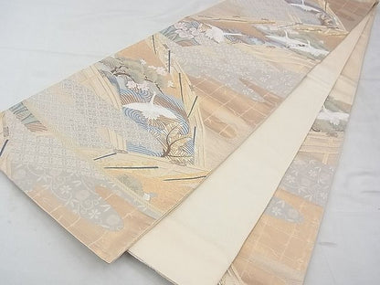 平和屋着物◎六通柄袋帯 唐織 飛鶴風景文 九百織 金銀糸 逸品 BAAF4336xa