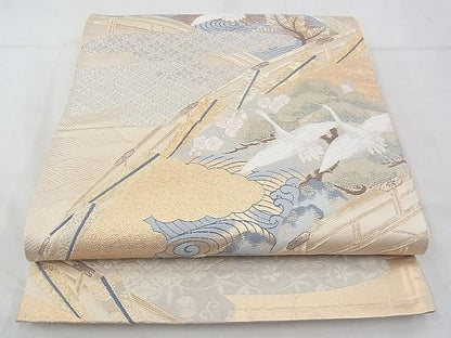 平和屋着物◎六通柄袋帯 唐織 飛鶴風景文 九百織 金銀糸 逸品 BAAF4336xa