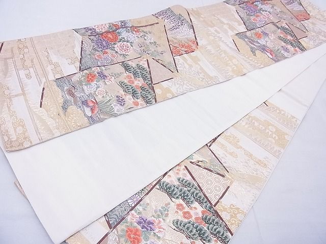 平和屋着物◎六通柄袋帯 唐織 琳派花鳥屏風文 金糸 逸品 BAAG1614cm