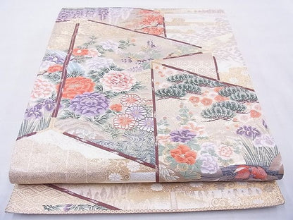 平和屋着物◎六通柄袋帯 唐織 琳派花鳥屏風文 金糸 逸品 BAAG1614cm