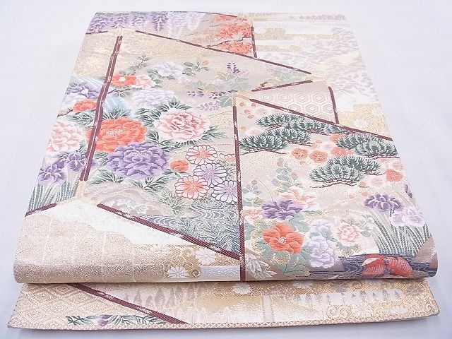 平和屋着物◎六通柄袋帯 唐織 琳派花鳥屏風文 金糸 逸品 BAAG1614cm