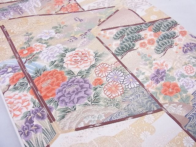 平和屋着物◎六通柄袋帯 唐織 琳派花鳥屏風文 金糸 逸品 BAAG1614cm