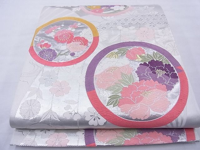 平和屋着物◎六通柄袋帯 唐織 扇面花丸文 金銀糸 逸品 BAAG1620cm