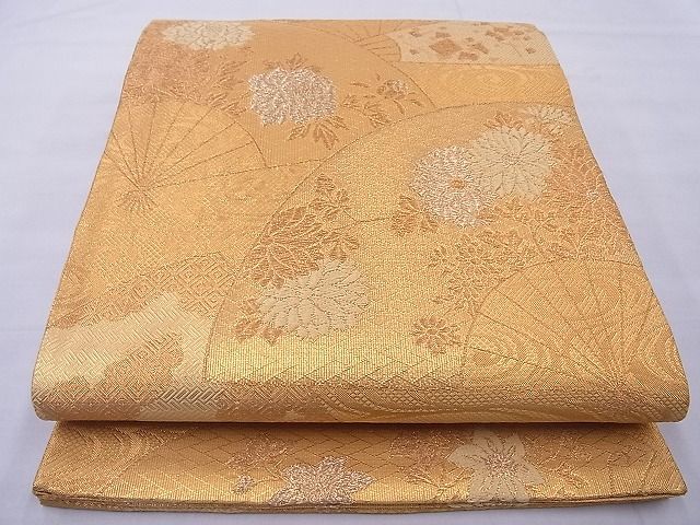 平和屋着物◎佐賀錦 六通柄袋帯 唐織 扇面散らし花文 金糸 逸品 BAAG1625cm