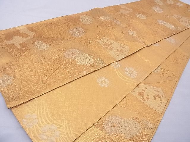 平和屋着物◎佐賀錦 六通柄袋帯 唐織 扇面散らし花文 金糸 逸品 BAAG1625cm