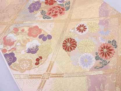 平和屋着物◎六通柄袋帯 唐織 菱天井花丸文 金銀糸 逸品 BAAG1637cm