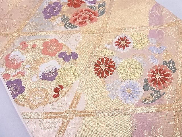 平和屋着物◎六通柄袋帯 唐織 菱天井花丸文 金銀糸 逸品 BAAG1637cm