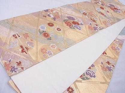平和屋着物◎六通柄袋帯 唐織 菱天井花丸文 金銀糸 逸品 BAAG1637cm