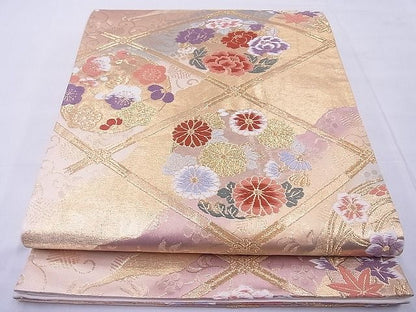 平和屋着物◎六通柄袋帯 唐織 菱天井花丸文 金銀糸 逸品 BAAG1637cm