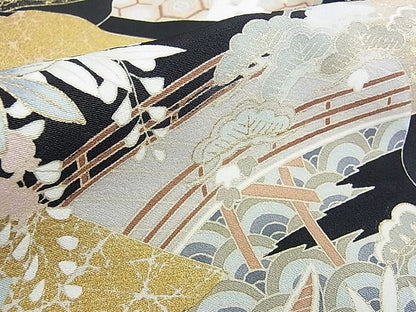 平和屋着物■豪華黒留袖　駒刺繍　扇面風景花文　金彩　逸品　DAAD4357we
