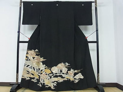 平和屋着物■豪華黒留袖　駒刺繍　扇面風景花文　金彩　逸品　DAAD4357we