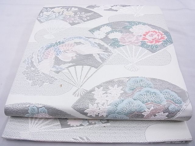 平和屋着物◎六通柄袋帯 唐織 扇面散らし プラチナ箔 逸品 BAAE8725cm